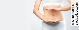 Close up woman hands made protect shape stomach isolated on whit
