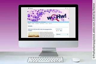 Monitor mit Screenshot der Startseite der Infothek. Davor liegen eine Tastatur und eine Mouse.