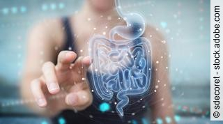 Woman using digital x-ray of human intestine holographic scan projection 3D rendering