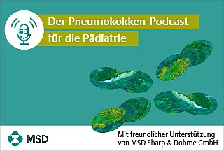 Schemenhaft dargestellte Bakterien neben der Schrift „Der Pneumokokken-Podcast für die Pädiatrie“