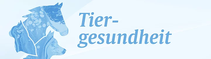 Schrift Tiergesundheit, daneben Logo mit Pferd, Katze und Hund in blau